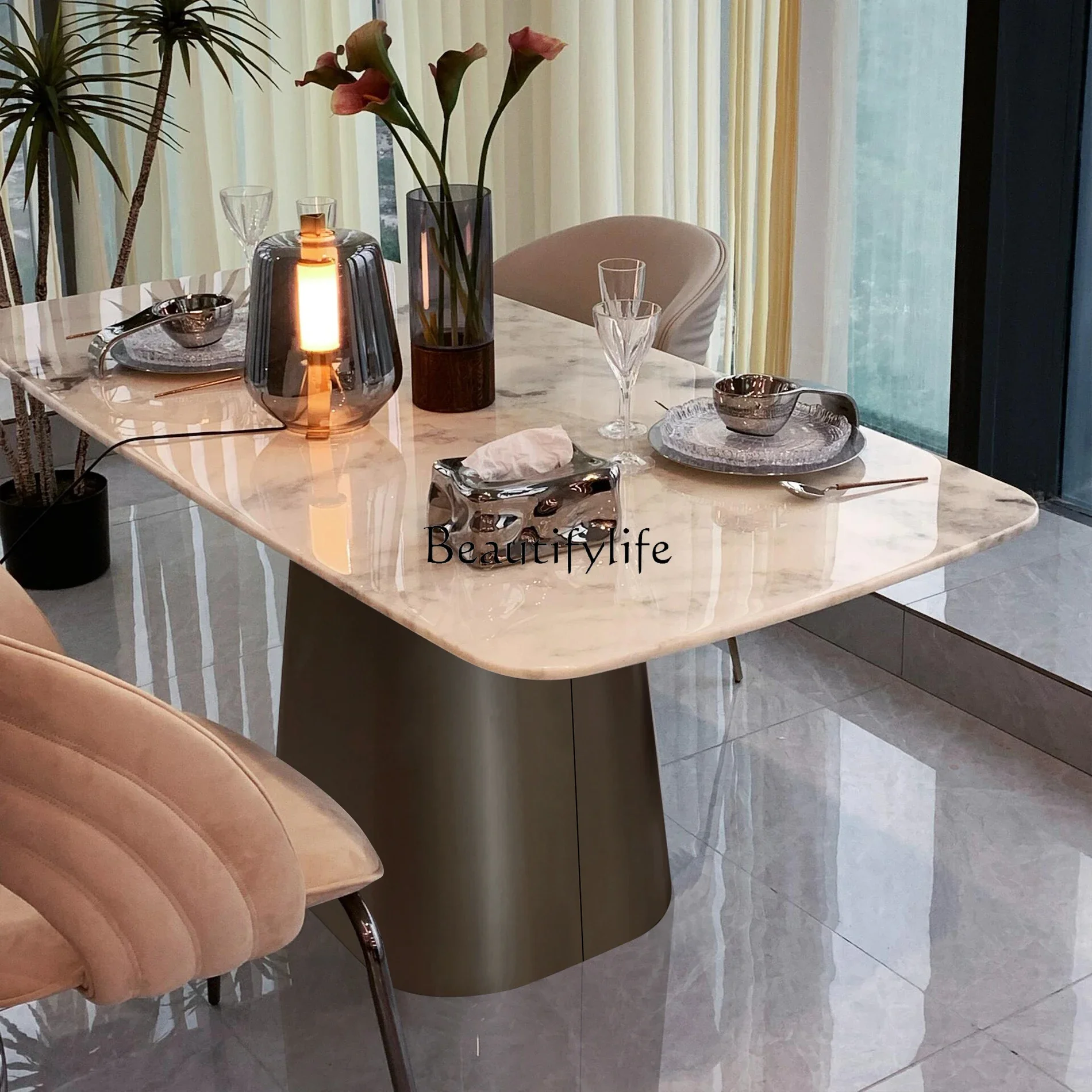 

Роскошный каменный обеденный стол, итальянский светлый роскошный элитный стол для маленькой квартиры, прямоугольник из натурального мрамора