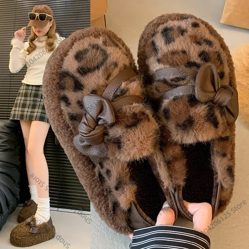 

Winter Women House Slippers Faux Fur Fashion Warm Shoes Slip On Flats Female Slides Leopard print Home Furry Slippers