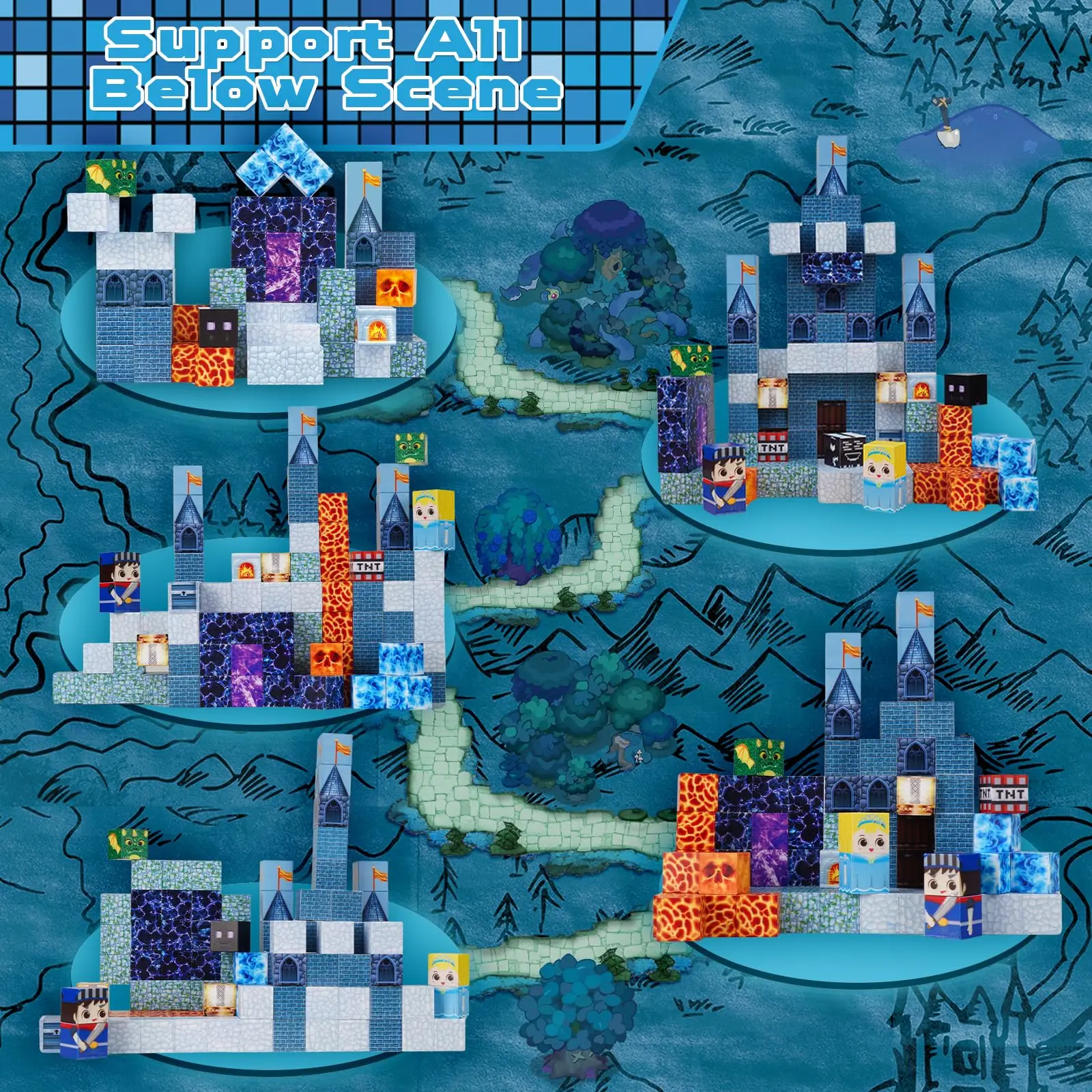 Magnetische bouwstenen Blue Castle Constructor Kit, Montessori Educatief speelgoed voor kinderen, Magnetische blokken STEM Creatief spelen