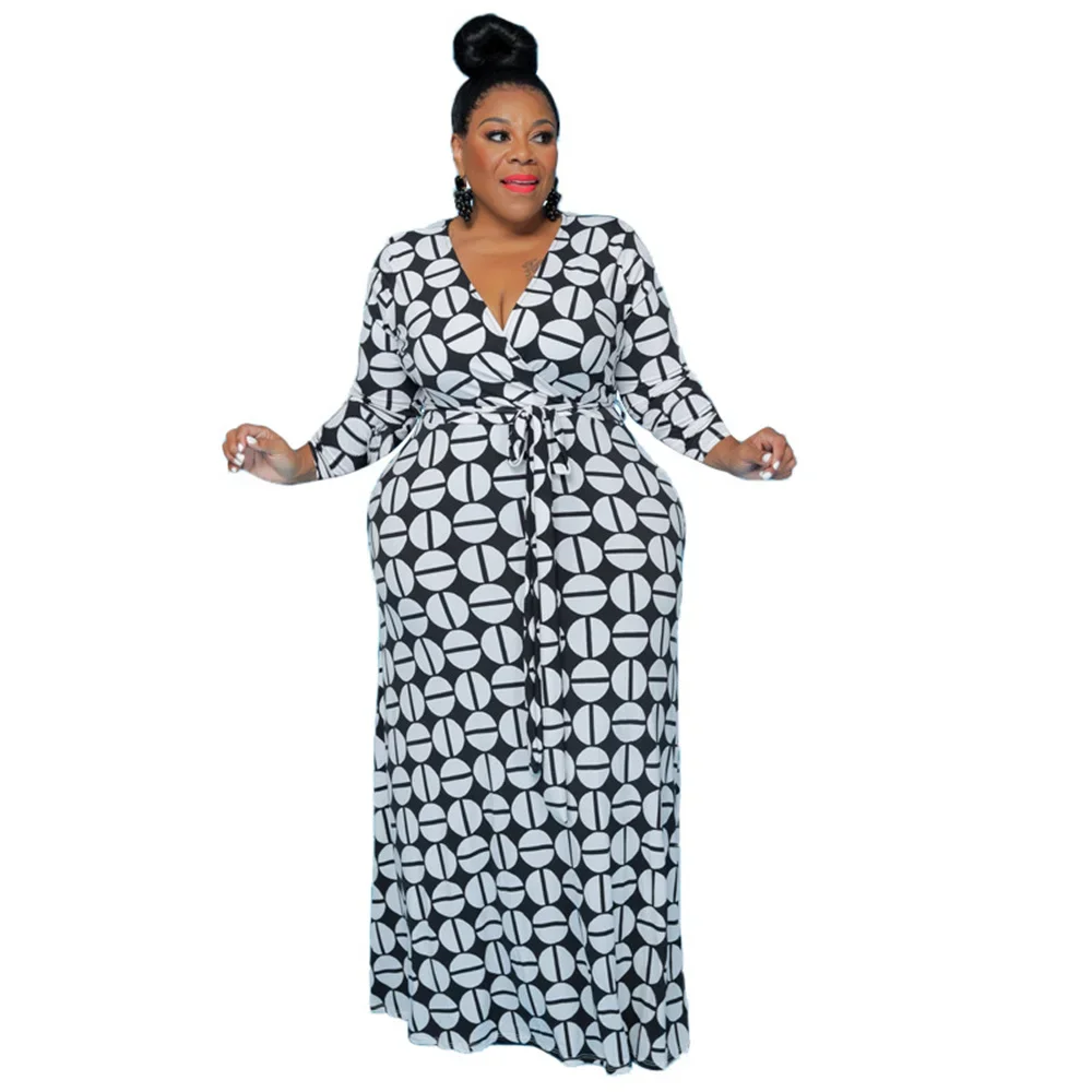 HAOOHU z nadrukiem głęboki wąski pasek w szpic Plus Size dla kobiet seksowna sukienka z wysokim stanem moda Maxi elegancka, długa suknie wieczorowe