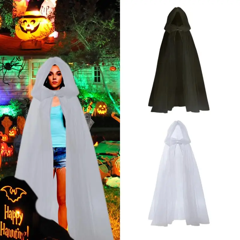 

Halloween Hooded Cape Cosplay Ghost Costume Long Shirt Tulle Sheer Cape Adult and Ghost of Horror Cloak Child Holiday Props