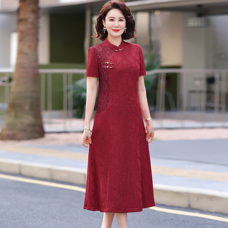 Retro Women Chinese Style Embroidery Lace Patchwork Elegant Wedding Party Dresses Red Chic short Sleeve Slim Cheongsam Midi Dres