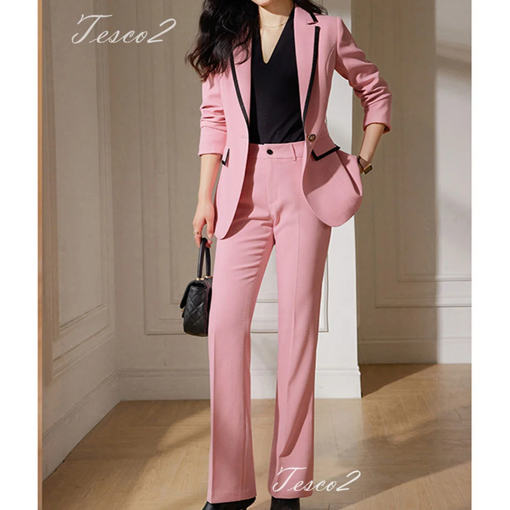 Tesco Women's Fashion Suit Sets Notch Collar Blazer Trousers 2 Piece Formal Pantsuit For Business Work Patchwork Jacket Women