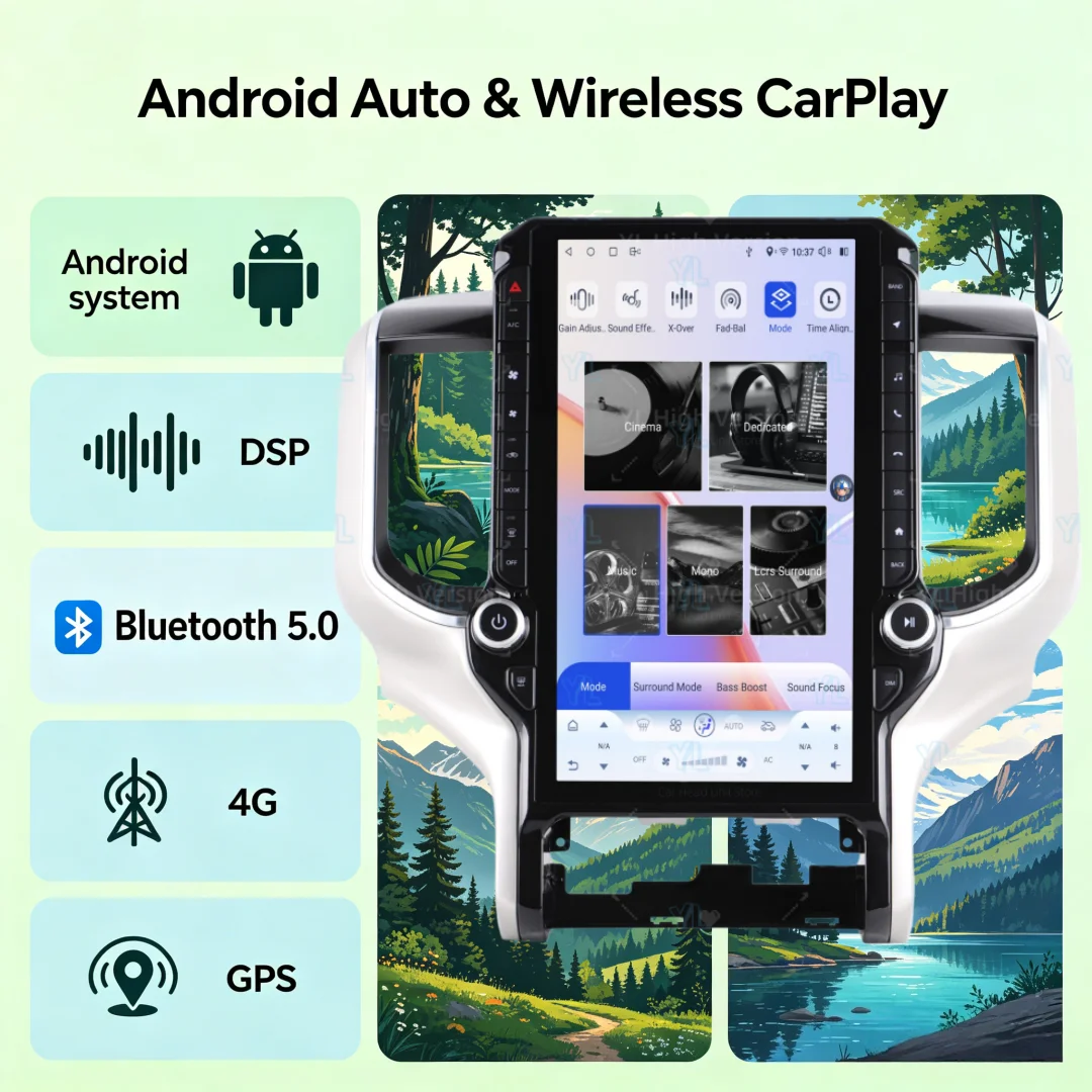 

ym Android Auto Car Radio For Dodge RAM 2019-2023 Stereo Multimedia Player Tape Recorder A/C Panel DSP 14.5" Screen Carplay 4G