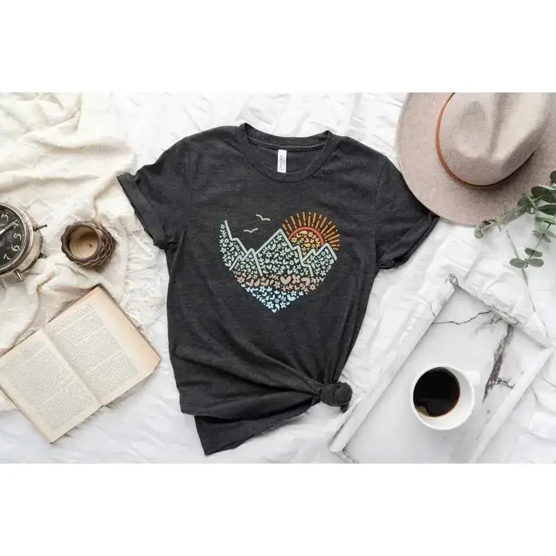 Mountains Heart T Shirt Floral Camping Love Outdoors Adventure Sunset Camp Wanderlust