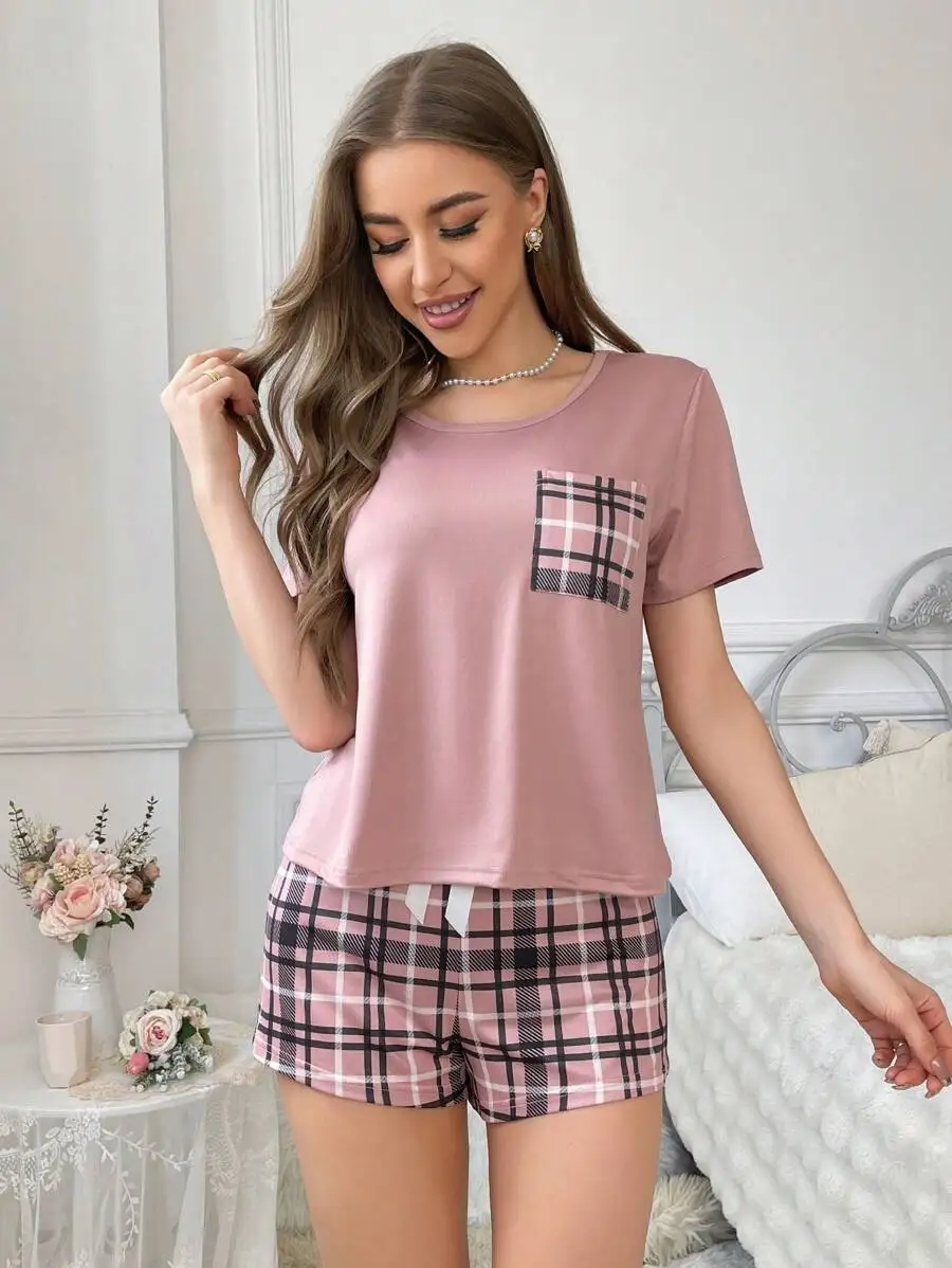 

Plaid Print Patch Pocket Sleepwear Set Pajama With Matching Shorts