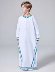 Ramadan Islam Muslim Thobe For Kids Middle East Arab Dubai Malaysian Boy Printed Loose Robe Button-up Shirt