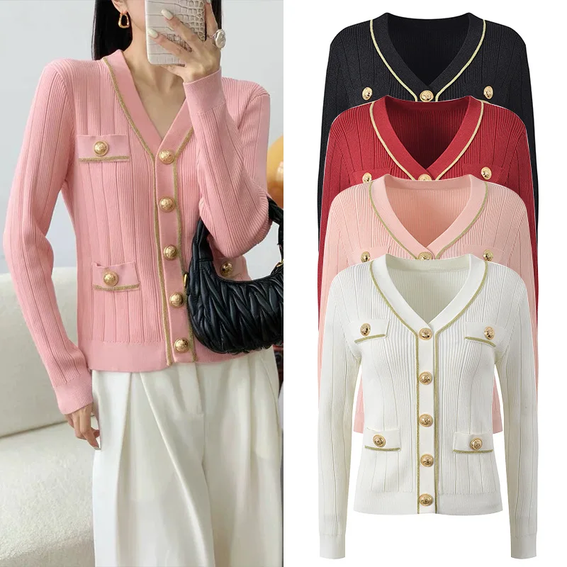 

Ele V-Ne Трикотажная верхняя одежда Женский джат с золотыми пуговицами Высококачественный европейский утягивающий универсальный открытый кардиган