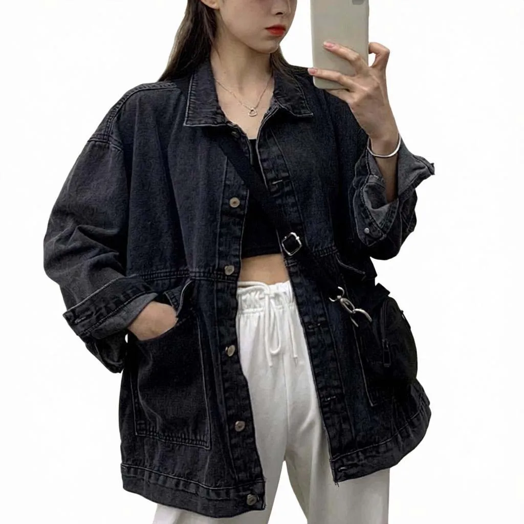 Womens Washed Lapel Open Front Long Sleeve Jacket with Loose for Fit and Functional Pockets for Spring Autumn Winter