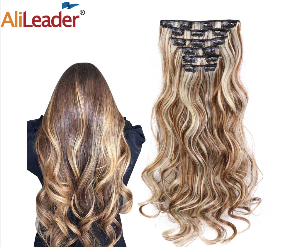 Alileader Synthetic Hair 16 Clip In Hair Extension Clip For Women 6Pcs/Set Hair Extension Clip In Ombre Fake Hairpiece Long Wavy