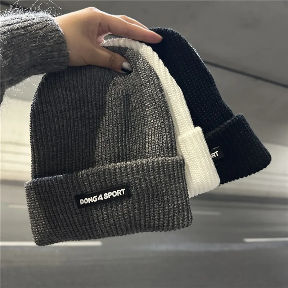 Solid Color Men's Winter Knit Hats Comfortable Letter Label Beanies Cap Outdoor Riding High Elasticity Knitted Cap For Women Men