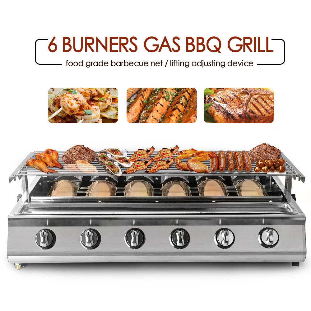 ITOP gpl BBQ Grill 6 fuochi Picnic all'aperto Barbecue stufa 78*25cm Area di cottura scudo in vetro copertura in vetro calotta in acciaio inossidabile