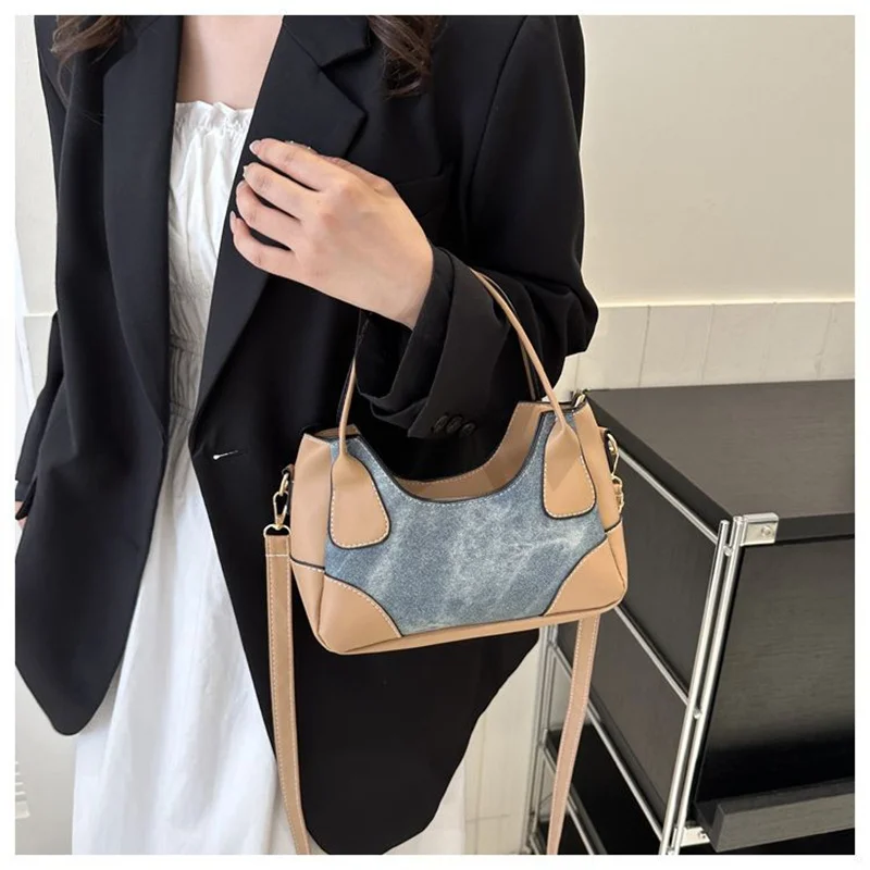 

Denim Tote Shoulder Bag Retro Splice Style Female Hobos Underarm Bag Luxury Designer Vintage PU Leather Handbag Purse for Women