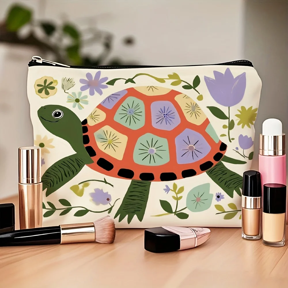 おしゃれで可愛い亀の花柄プリントのメイクアップバッグ - 多機能ジッパーポーチ、ジュエリー収納バッグ、旅行に最適な小型ジッパーバッグ
