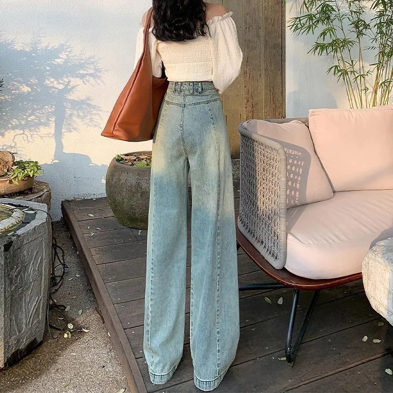 Zoki Vintage Light Blue Denim Wide Leg Pants Women Autumn High Waist Korean Loose Straight Jeans New Winter Streetwear Trousers