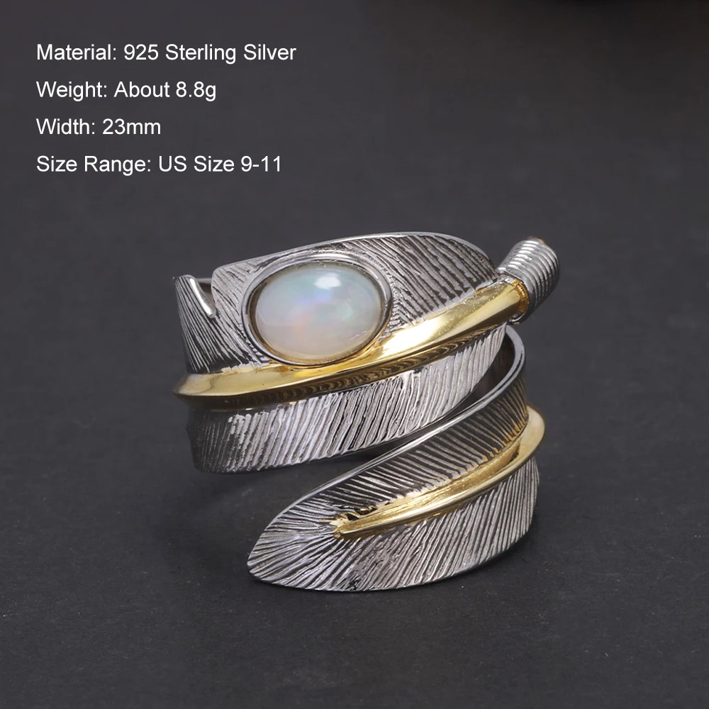 S925 Sterling Silver Vintage Leaf Feather Ring with Natural Oval Opal Two-tone Open Rings for Women Size 9-11