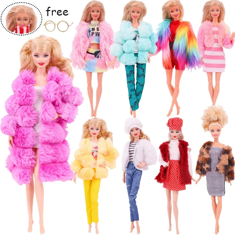 Barbies Doll Clothes Plush Coat + Dress+Hat ,T-shirt Set Suitable For 30cm Doll Fashion Outfit Casual Clothing Free Glasses Gift