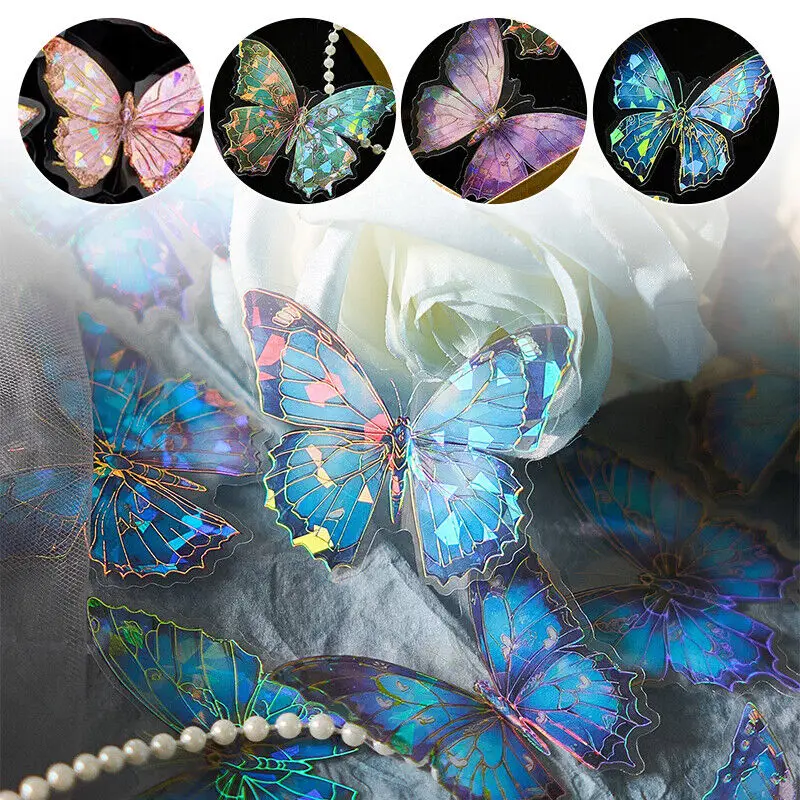 20pcs Crystal Laser Butterfly Waterproof PET Stickers DIY Decor Collage Craft Planner & Scrapbooking Stationery Sticker