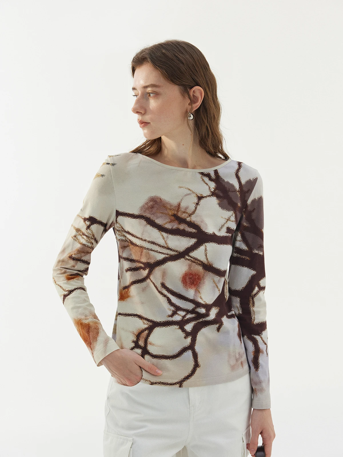 

Эластичный хлопковый трикотажный лонгслив с круглым вырезом и принтом, новый китайский стиль, весна-лето, женский топ без этикетки