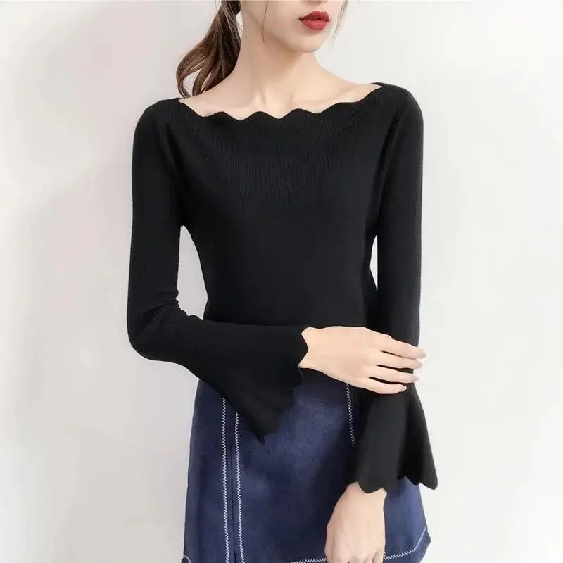 Fashion Solid Color Slash Neck Ruffles Flare Sleeve Blouses Female Clothing 2023 Autumn Winter New Korean Tops All-match Shirts