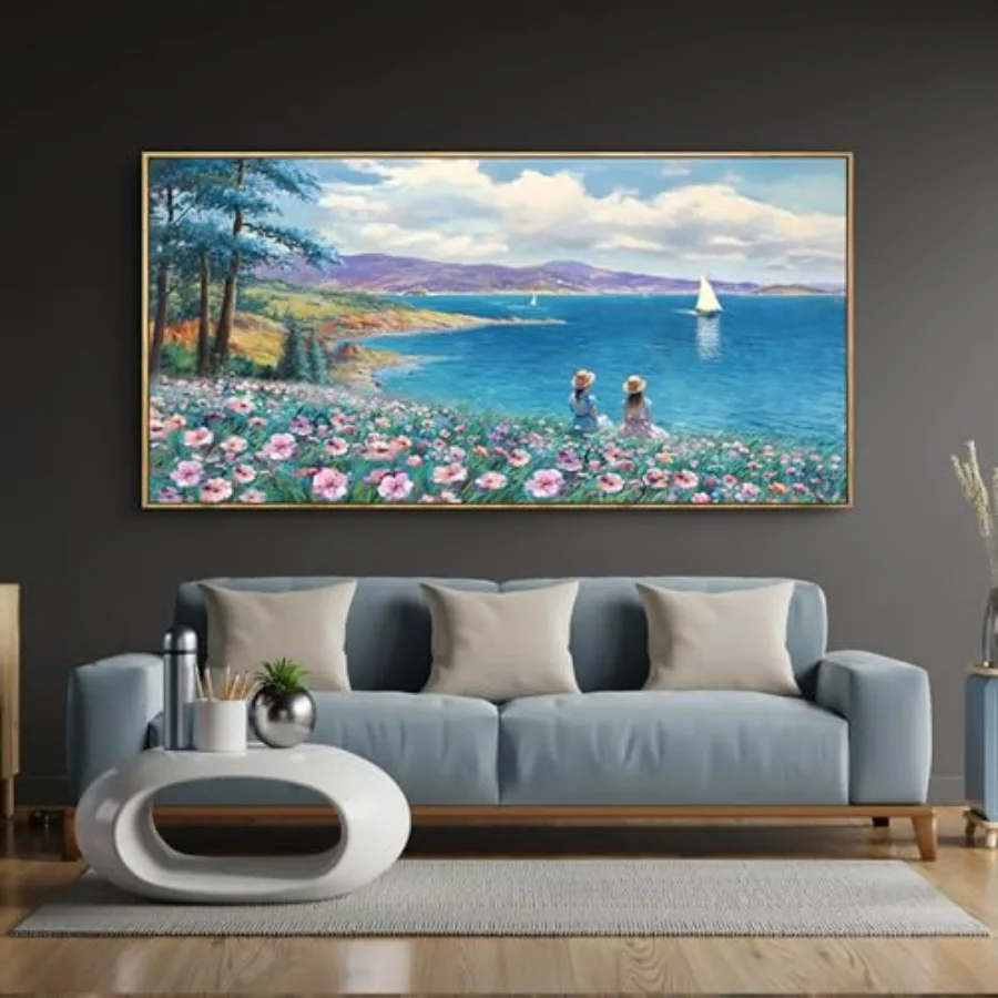 

Большое панорамное настенное панно: синий океан, розовые цветы, парусник, горы, деревья. Декор в оранжевой раме для гостиной, спальни, дома.