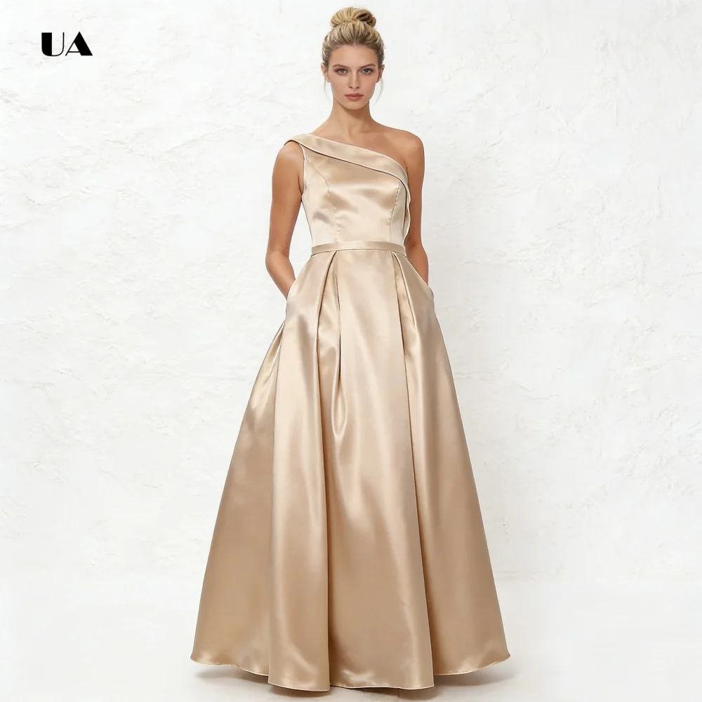 ULBYANRY 비대칭 접이식 칼라가 있는 민소매 A라인 댄스 파티 드레스, 솔리드 새틴 이브닝 드레스, 심플한 맞춤형 파티 드레스