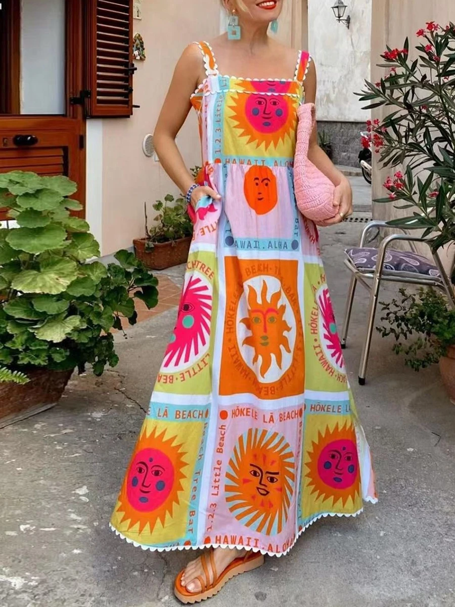 Women Graphic Maxi Cami Dress Spaghetti Strap Floral Boho Long Dress Flowy Summer Holiday Beach Dress