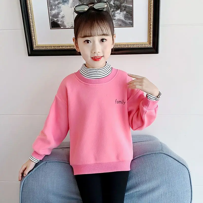 Girls' 2025 New Autumn/Winter Faux-two-piece Thickened Crewneck Pull-on Base Layer Top for Mid-Big Kids