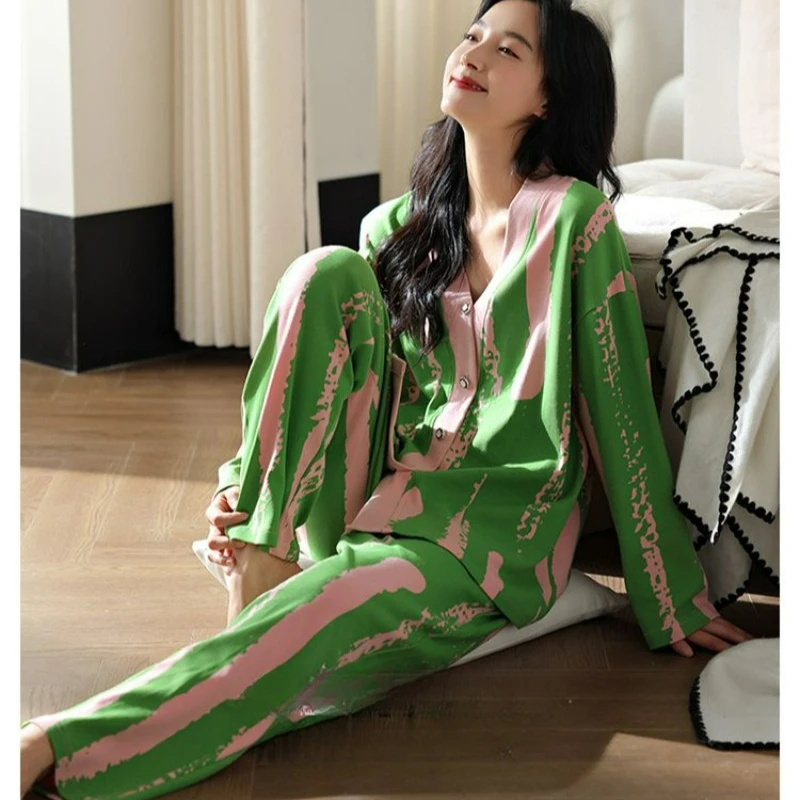 100% Pure Cotton Pajamas Women's Spring Autumn Long-sleeved Cute V-neck Korean Version Loose Suit Loungewear Can Be Worn Outside