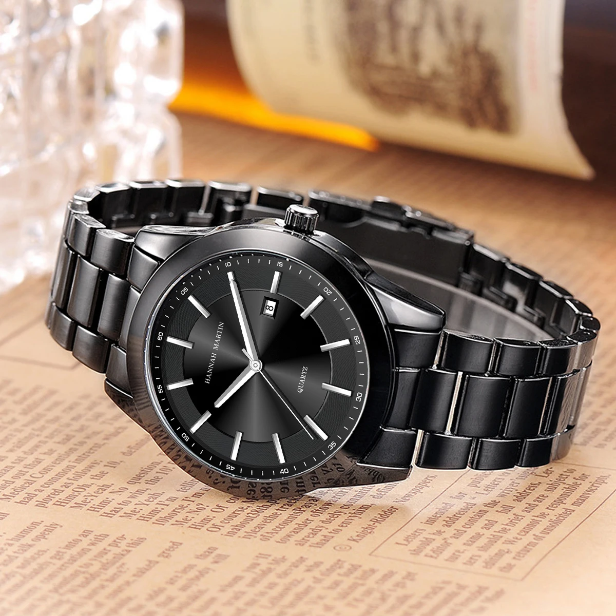 2024 New Hannah Martin Japanese Movement Stainless Steel Strap 40mm Black 3Bar Waterproof Business Sports Style Quartz Watch Men