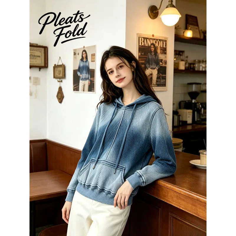 Miyake Pleated 2026 Simple Fashion Denim Pleated Gradient Top Loose Casual Versatile Long Sleeve Design Hooded Shirt for Women