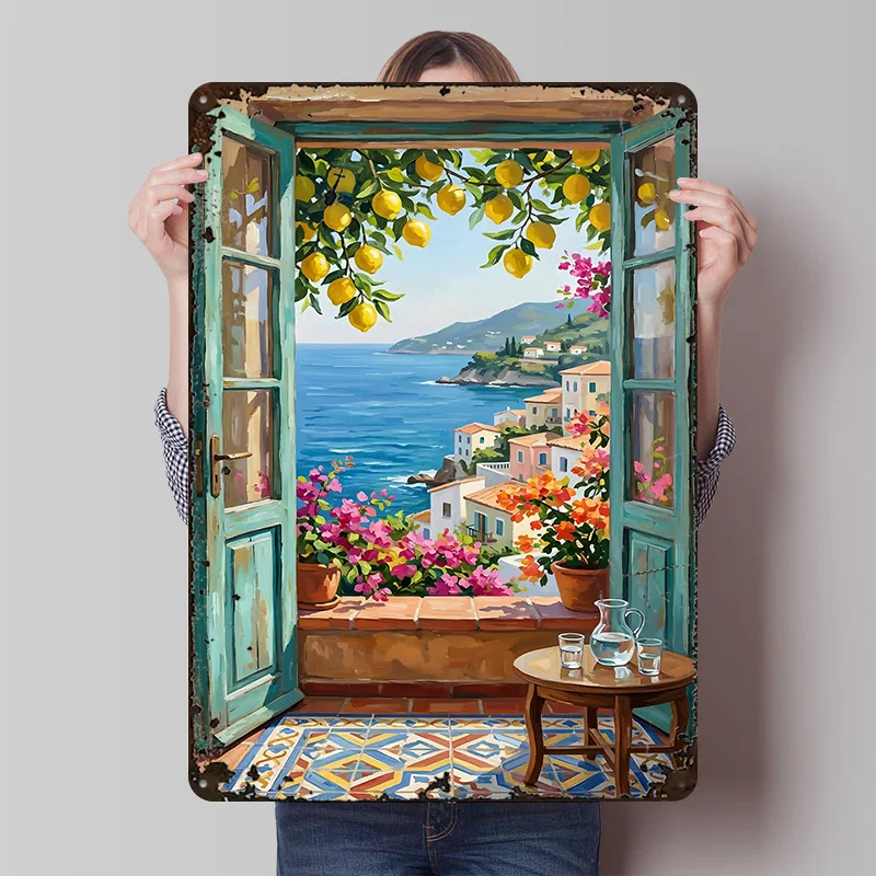 Mediterranean Coastal View Through Metal Poster Customized Wall Art Retro Vintage Metal Signs for Man Cave Wand Deko Tin Sign