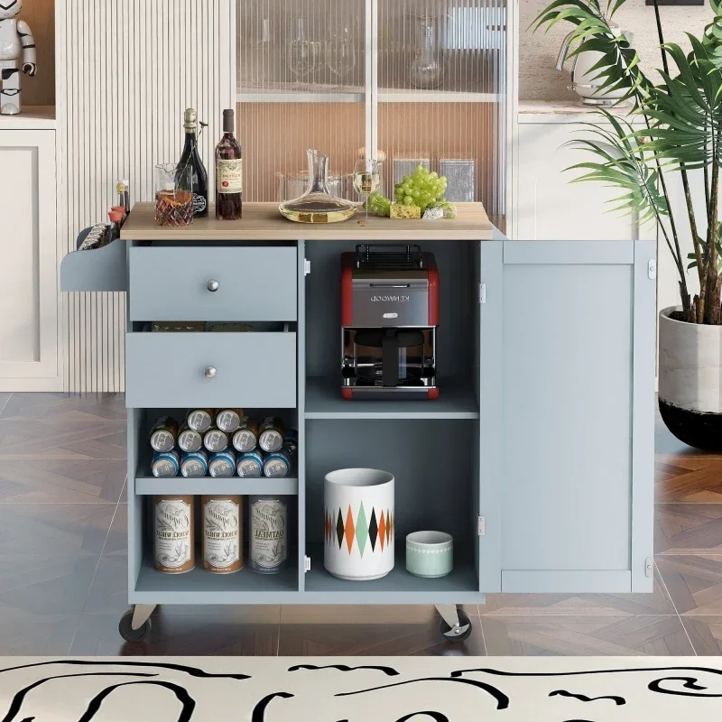 Kitchen Cart with Spice Rack ,Towel Rack & Two Drawers,Rubber wood top,Kitchen Island with 4 Wheels Grey Blue