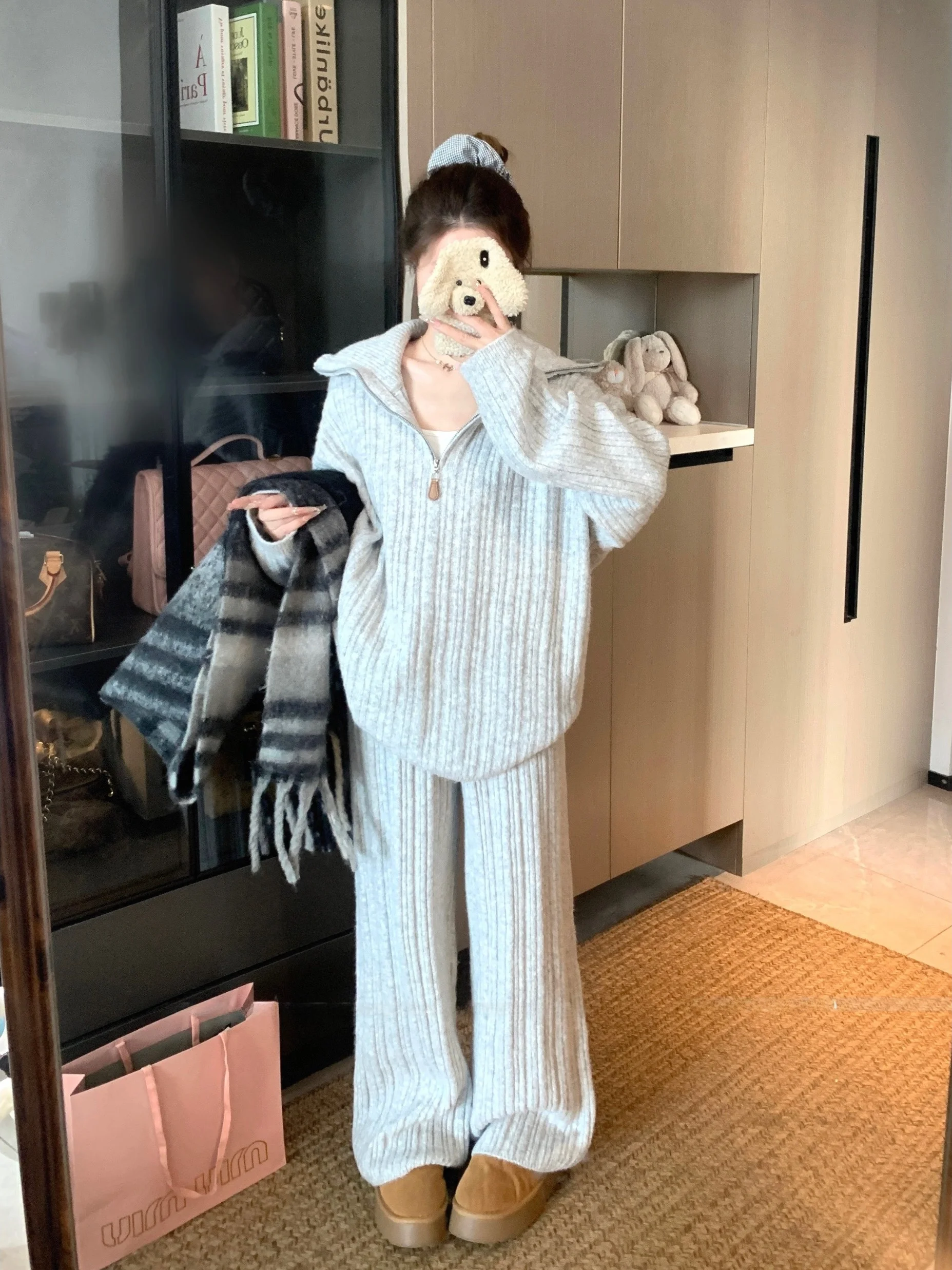 

Laid-back Style Women's Knitted Set Long Sleeve High Waist Wide Leg Pants Two-Piece Suit Spring Fashion Casual Comfortable