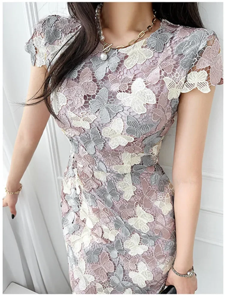 New Elegant Contrast Color Flower Butterfly Embroidery Lace Dresses For Women Korean Fashion Office Party Bodycon Vestidos