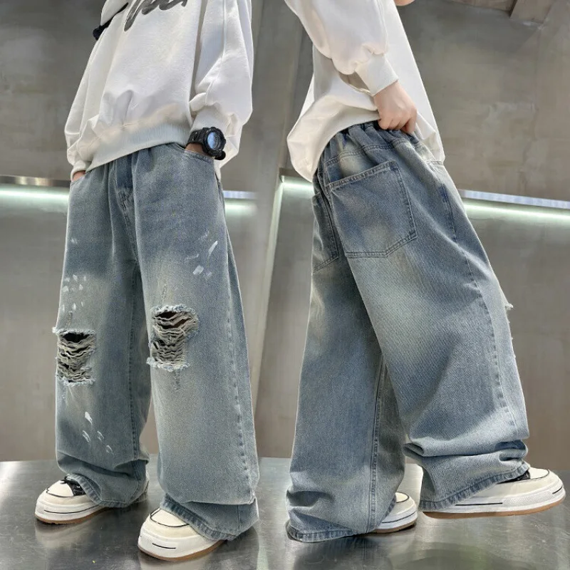 

Boys Ripped Jeans 2024 New Autumn Style Medium And large Children's Wide Personalized Youth Straight Wide Leg Pants 5-14 Years