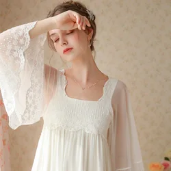 French Sexy Lace Square Collar White Nightdress Princess Vintage Embroidery Flare Sleeves Long Nightgowns Mid-Calf Modal Nightie