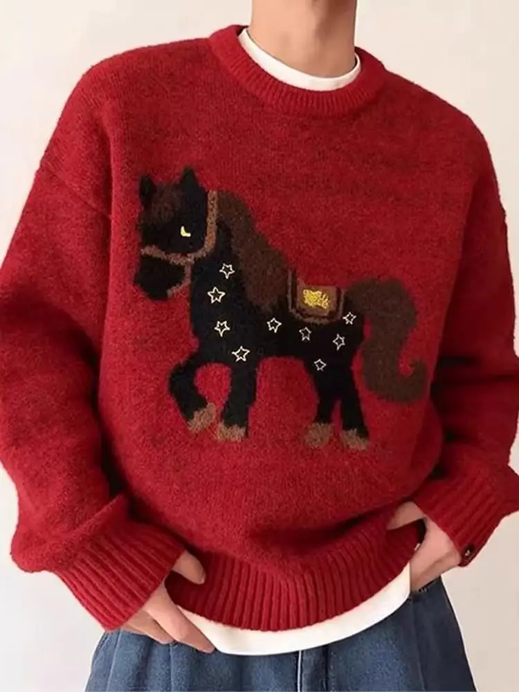 

Красная вышитая трикотажная одежда для мужчин и женщин, подходящая для года по китайскому зодиаку, модная зимняя повседневная одежда для...