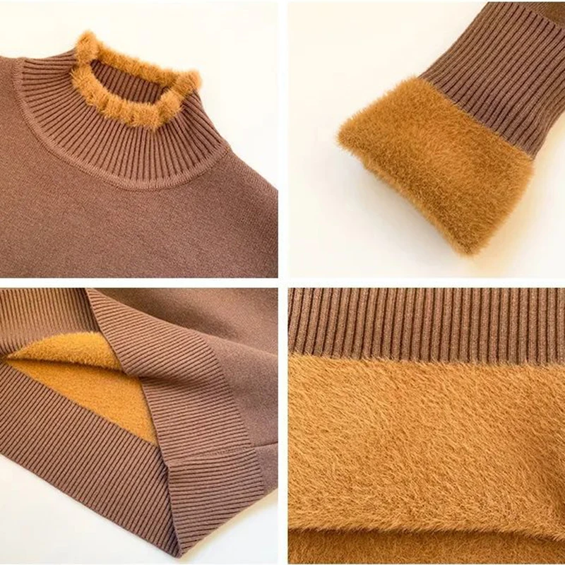 Korean Ruffles Half-Turtlenck Slim Thicken Knitted Pullovers Winter Plus Velvet Sweatercasual Fleece Lined Warm Knitwear Top