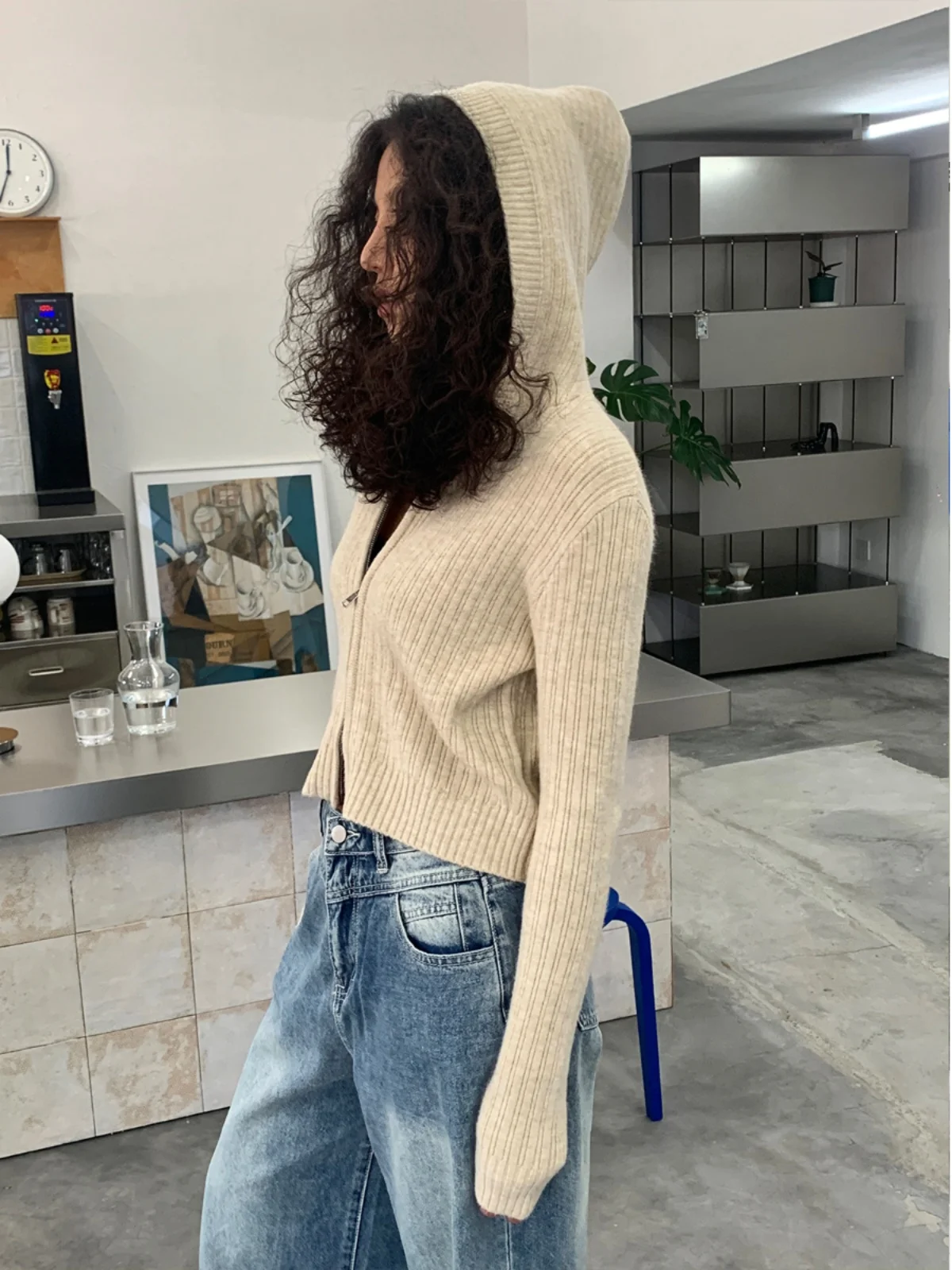 

Женский вязаный кардиган Gogo Burn бежевого цвета с двойной молнией и капюшоном, для раннего лета, высококачественный, для повседневной носки, с длинными рукавами