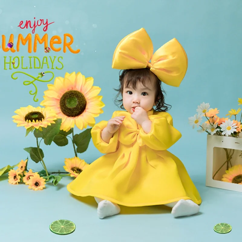 Nordic Little Fresh 1-year-old Girl's Yellow Princess Dress Sunflower Spring/Summer Theme Photography Clothing Authentic