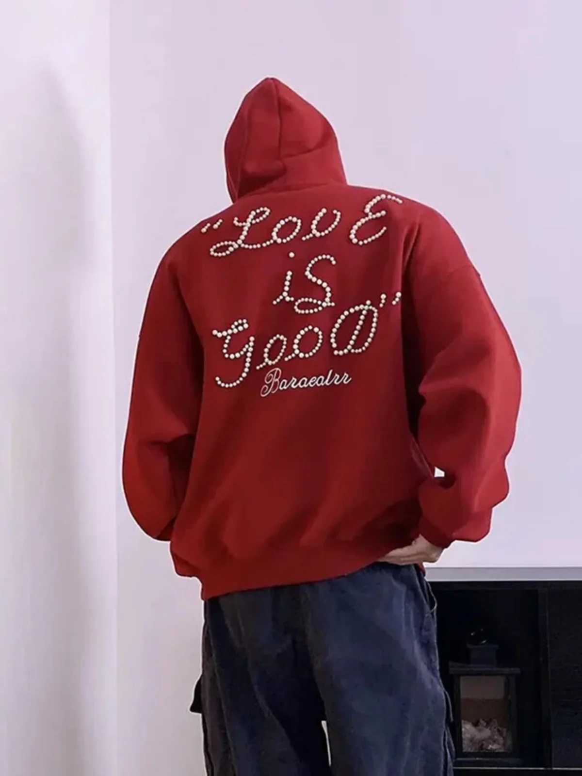 

Мужская толстовка American Sle Pearl Letter Red, весенне-осенняя, плотная, износостойкая, для пар, с капюшоном, к Году Кролика