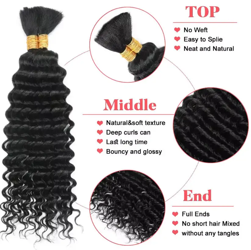 Cabelo Humano para Tranças Ondulado Profundo Sem Trama 110g 1 Pacote Cabelo Cacheado Volumoso e Espesso para Tranças