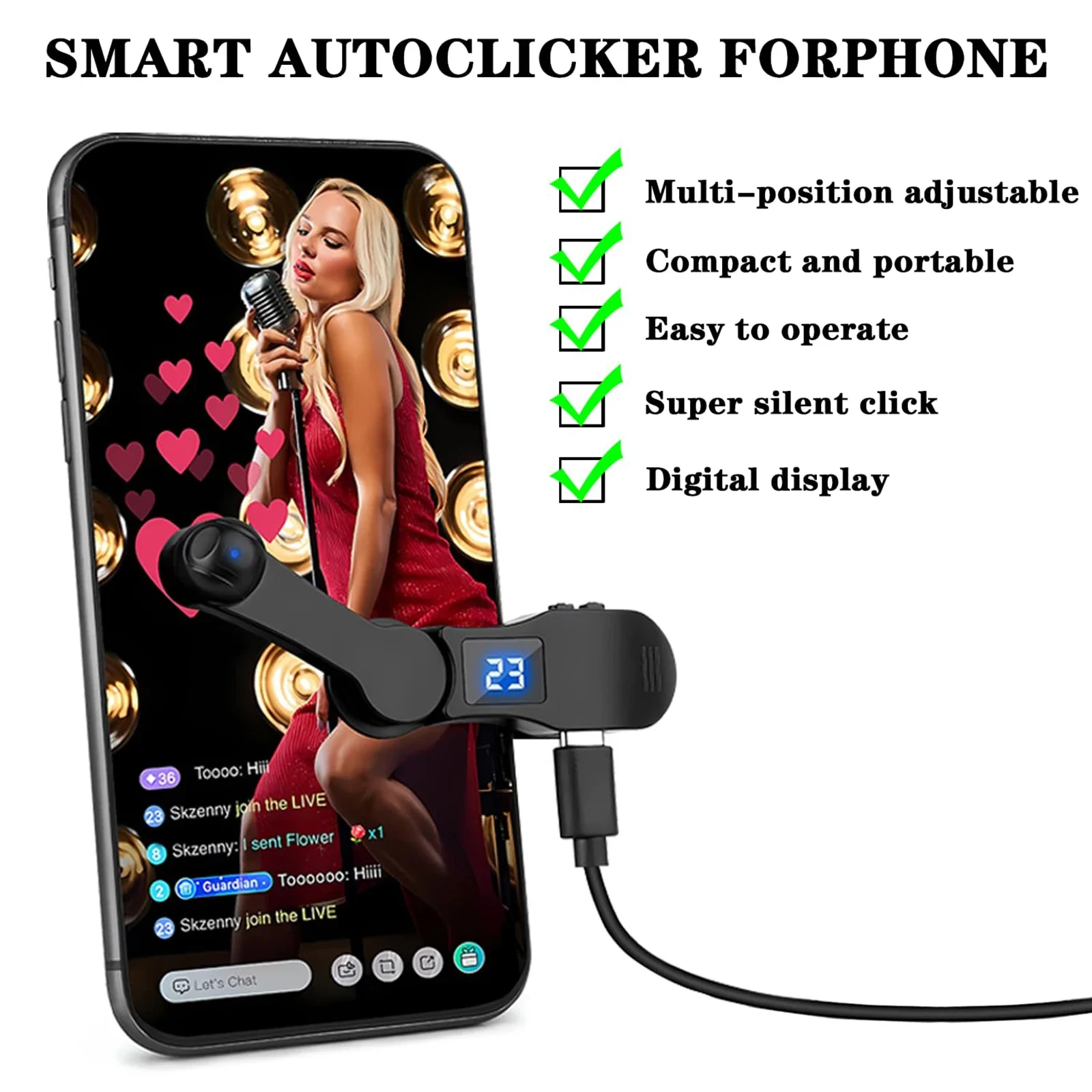 Clickeador Automático de Pantalla para Aplicaciones de Smartphone, Video, Transmisión en Vivo, Juegos, Dispositivo Inteligente USB con Conexión Asistida
