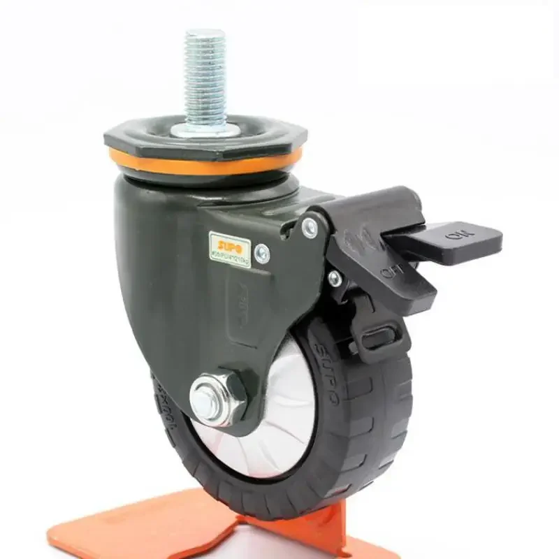 Polyurethane Swivel Caster, Threaded Stem, Dual Brake, High Load Capacity, 4 in, M16 × 35, 1 PC