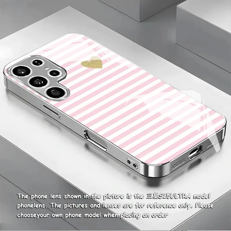 

Fashionable white stripe pattern electroplated glass phone case, suitable for Samsung S26/S25, S24/S23/S22/S21/S20, etc. models.
