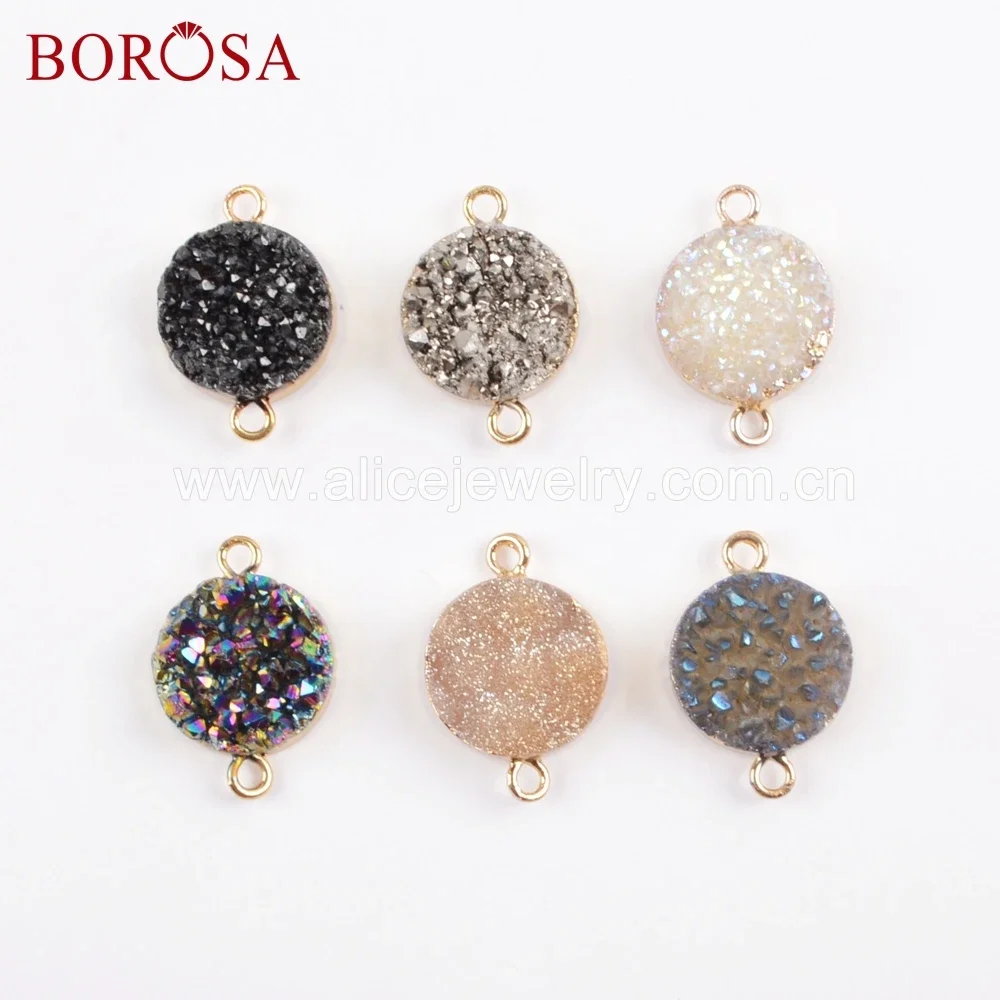 

BOROSA 5/10PCS Round Golden Plated Titanium Agates Druzy Connectors Rainbow Drusy Double Loops Necklace Pendant DIY Earrings