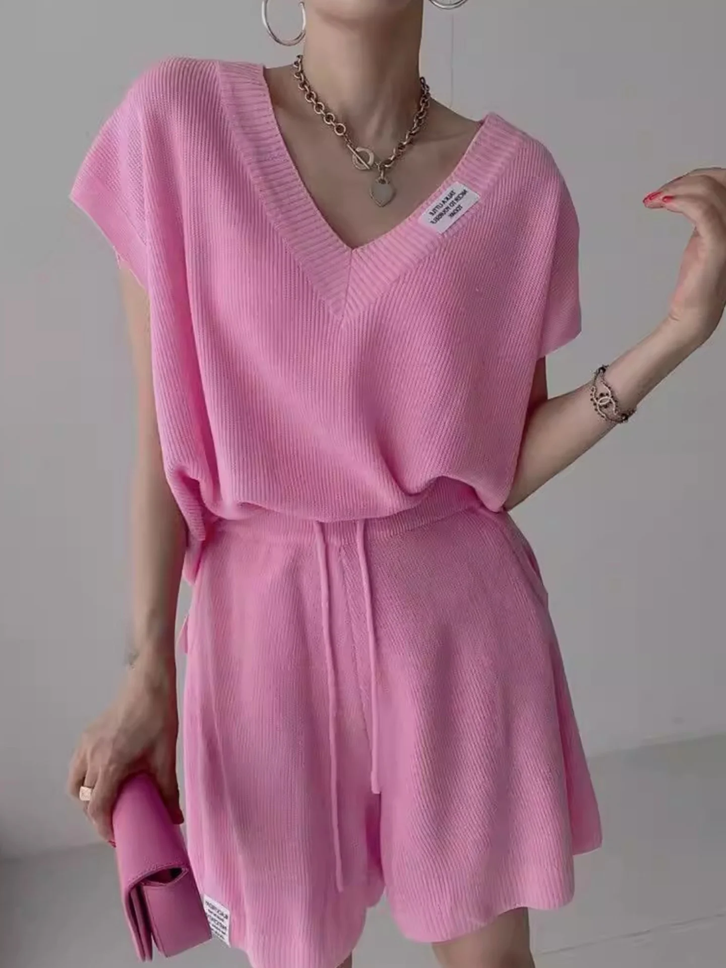 

Fashionable V-Neck Short Sleeve Knitwear Women's Summer New Drawstring High Waist Wide Leg Pants Two-Piece Set Commute Style
