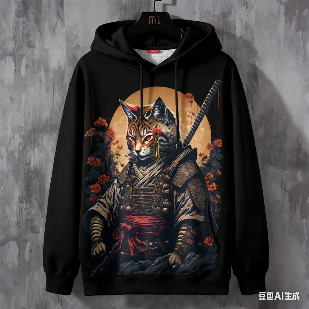 

Funny 3D Samurai Cat Print Men's Hoodies Street Hip Hop Style y2k Clothes Autumn and Winter Casual Sweatshirts Fashion Pullover