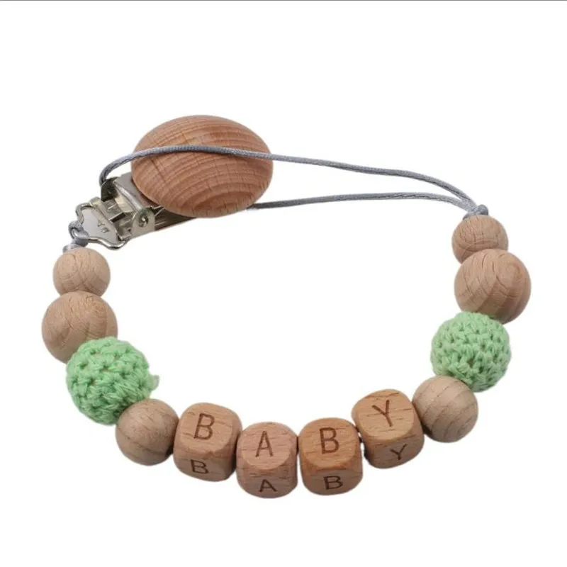 Handgemachte personalisierte Name Holz Baby Schnuller Clip Häkelperlen Schnullerkette Halter Baby Safe Beißring